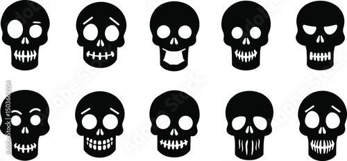 Halloween Skull Silhouettes – Vector Black Skull Icons for Spooky Designs