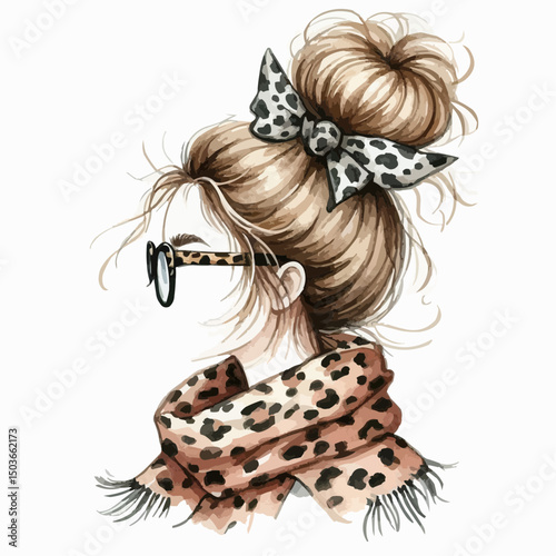 woman with long hair, messy hair bun with cheetah print glasses and cheetah print scarf 