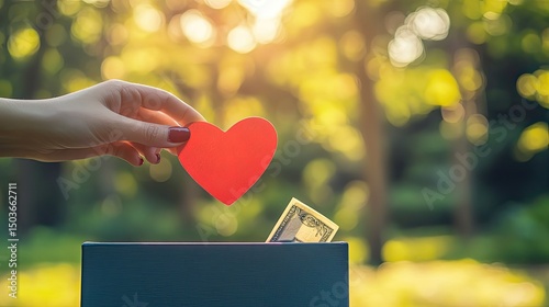 Donation Concept: Hand Placing Heart in Charity Box