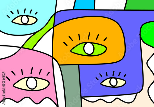abstract face illustrations in modern cubism art style, focusing on expressive eyes.