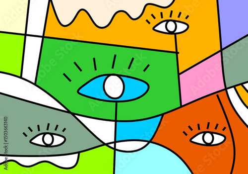 abstract face illustrations in modern cubism art style, focusing on expressive eyes.