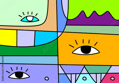 abstract face illustrations in modern cubism art style, focusing on expressive eyes.