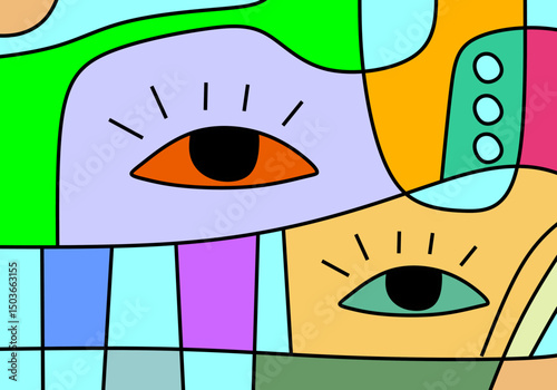 abstract face illustrations in modern cubism art style, focusing on expressive eyes.