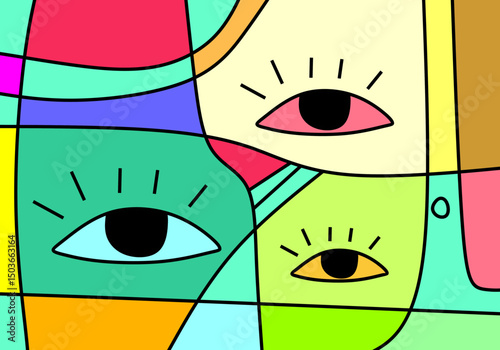 abstract face illustrations in modern cubism art style, focusing on expressive eyes.