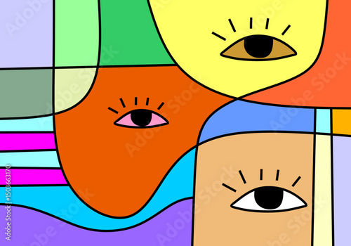 abstract face illustrations in modern cubism art style, focusing on expressive eyes.