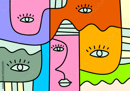 Modern cubist face art in vivid hues, combining abstract line work with expressive eyes and stylized shapes.