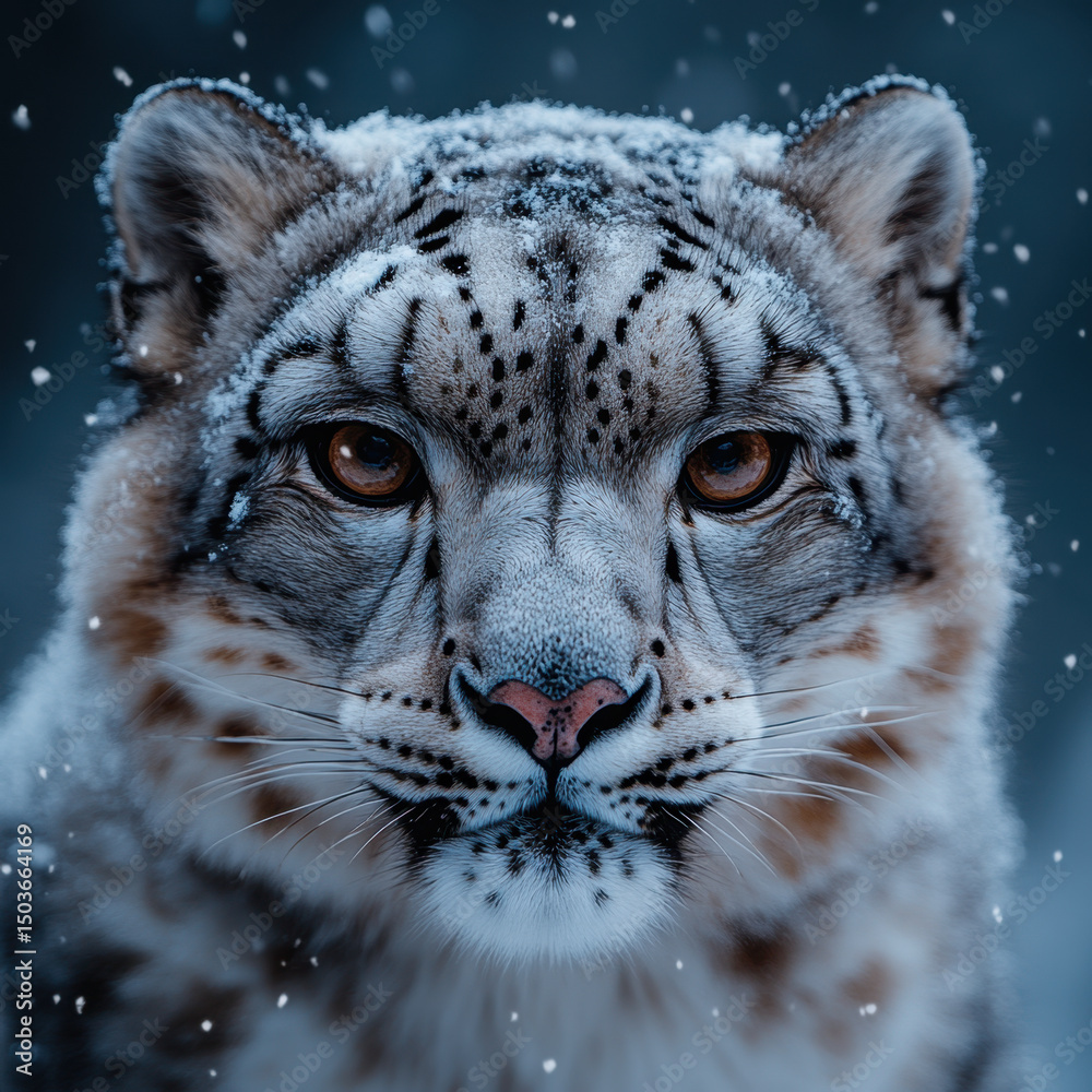 Obraz premium Snow leopard intensely stares at camera.