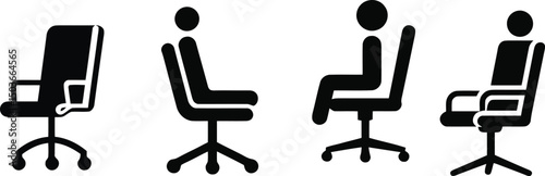 Vector silhouette set of a body in ergonomic chair on a plain white background

