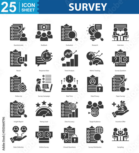 Survey icon set vector questionnaire, feedback, evaluation, research, interview, result, response rate, trend analysis, metric tracking, survey question, follow up, survey campaign, real time