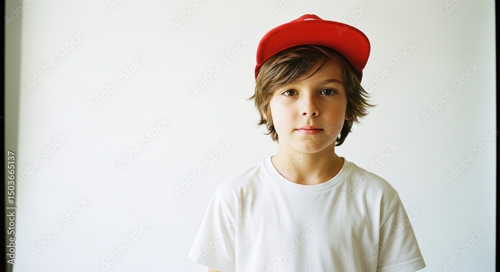 A boy with a red hat looking straight into the camera. He is wearing a white t-shirt and has a neutral facial expression A boy with a red hat looking straight into the camera. He is wearing a white t-shirt and has a neutral facial expression