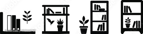 Vector silhouette of a bookshelf with books on a plain white background

 photo