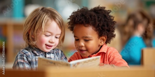 Diverse Preschool Students Reading Book Together in Classroom