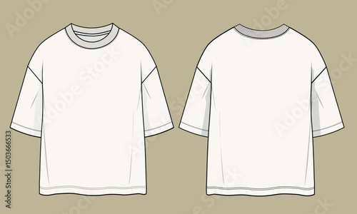 Men's Short sleeve Rib Collar Crew neck T Shirt flat sketch fashion illustration drawing template mock up with front and back view.