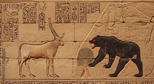Ancient Egyptian Bas-Relief: Bull and Bear Confrontation