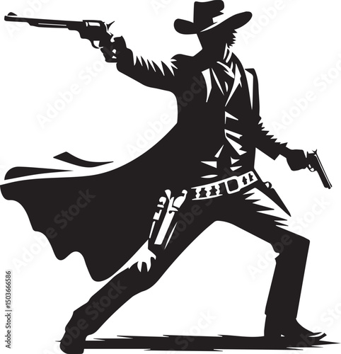 black and white gunslinger, gunslinger silhouette vector icon, gunslinger vector