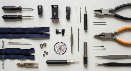 Sewing implements arrange neatly for craft projects in organized setup close up overhead