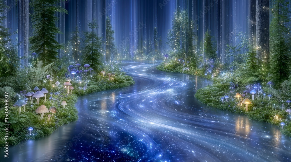 Obraz premium Magical Forest River Enchanted Stream Glowing Mushrooms Mystical Trees Fantasy Landsca