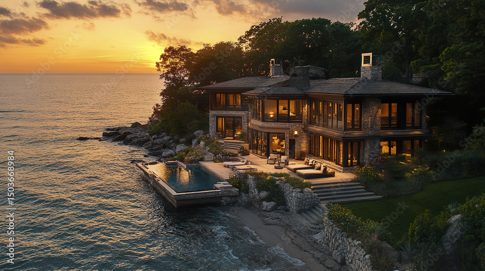 Obraz premium Luxurious oceanfront property with stunning sunset views and serene atmosphere