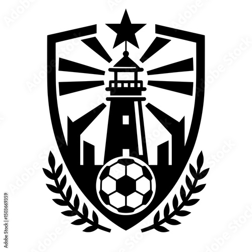 Black and White Soccer Emblem Logo with Lighthouse and Stars
