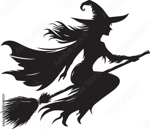 black and white flying witch, flying witch silhouette vector icon, flying witch logo vector