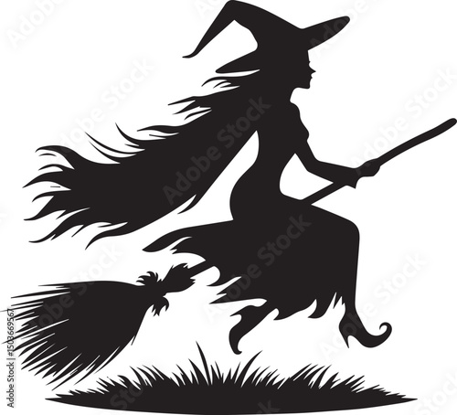 black and white flying witch, flying witch silhouette vector icon, flying witch logo vector