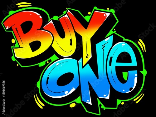 Buy one illustration, digital word buy one with a unique simple graffiti pattern and bright colors suitable for your promotional banner design