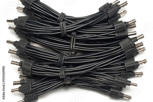 Close-up view of many black electrical cables with connectors.