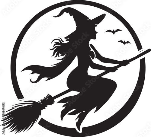 black and white flying witch, flying witch silhouette vector icon, flying witch logo vector
