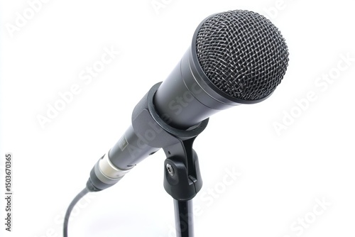 Close-up of a black microphone on a stand.