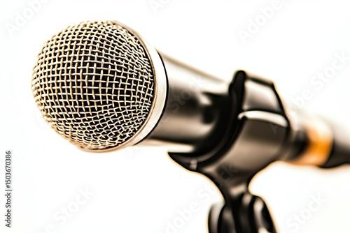 Close-up of a microphone against a white background.