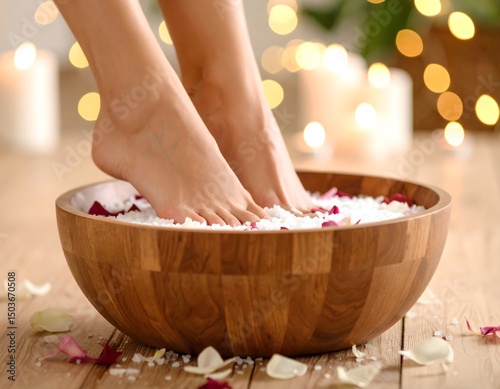 A soothing foot bath with floral petals and Epsom salt, ideal for self-care and detoxification content.
