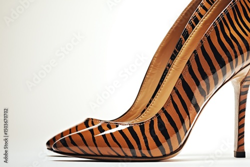 Pair of high heeled shoes with tiger print.