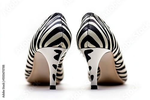 Zebra-print high heels against a white background.