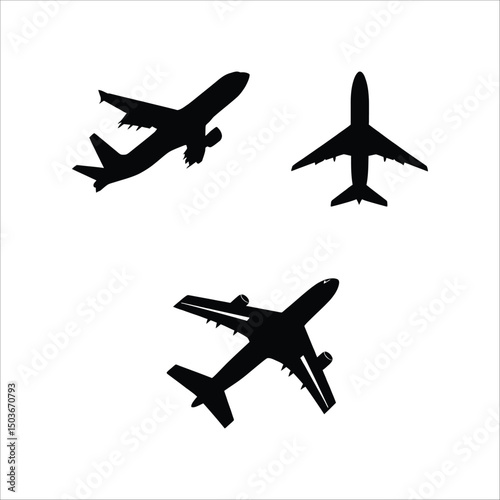 Three airplane silhouettes in various orientations against a white background display aviation art