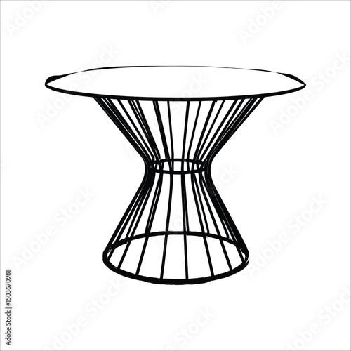 A line drawing of a table with a round top and a wire frame base on a white background space for text