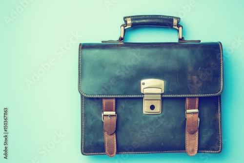 Vintage leather briefcase against a pastel backdrop.