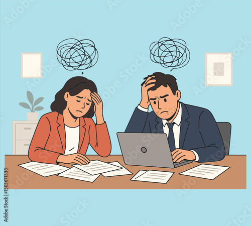 Stressed office workers with worried expressions and messy scribble thoughts, overwhelmed by paperwork and laptop work, vector illustration