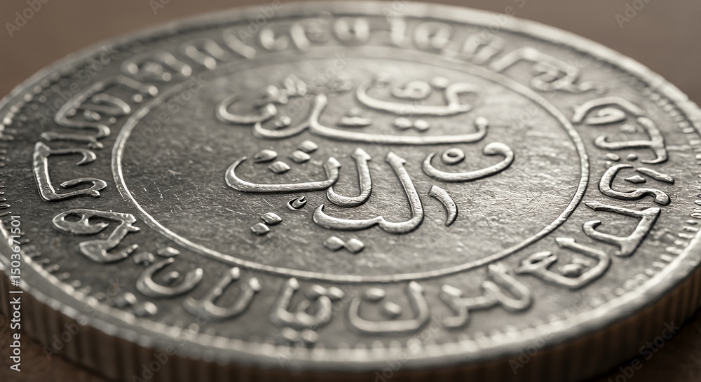 Close-up of an Antique Silver Coin with Arabic Calligraphy Close-up of an Antique Silver Coin with Arabic Calligraphy