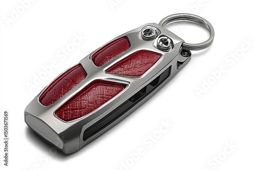 Red and silver key fob with intricate design.