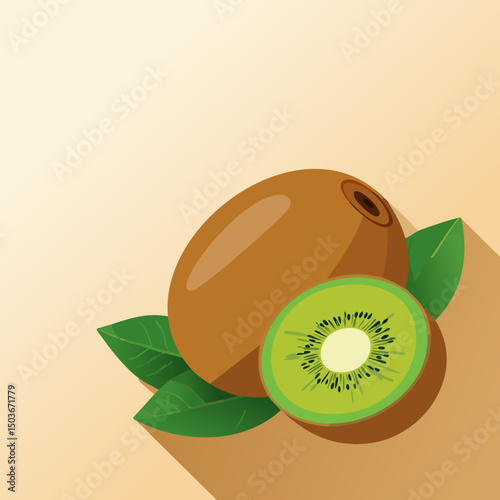 Juicy green kiwi with smooth brown skin and detailed seeds, arranged artistically with leaf accents on a soft background.