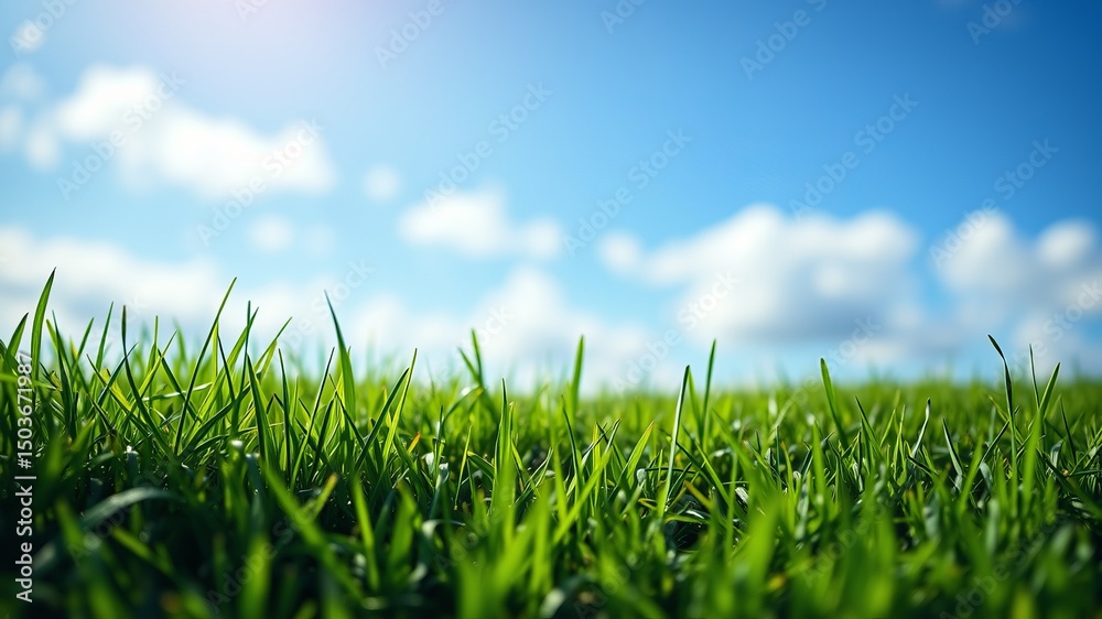 Fototapeta premium Lush green grass field under a vibrant blue sky with fluffy white clouds on a sunny day.