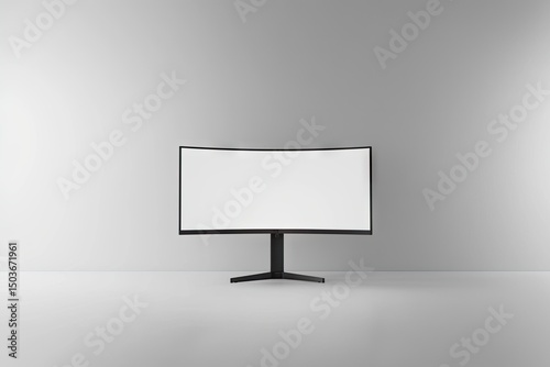 Empty curved monitor on a stand against a light gray wall.
