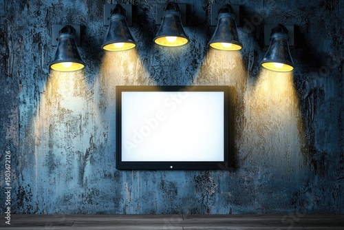 Empty framed picture on a textured wall with spotlights.