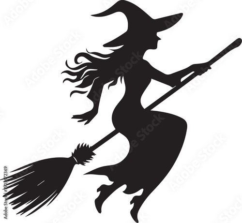 black and white flying witch, flying witch silhouette vector icon, flying witch logo vector