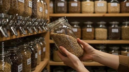 close-up of a person's hand holding a glass jar filled with dried grains, 4k video, Hand holding glass jar being filled with beans from dispenser in zero waste store, shelves of jars in the background