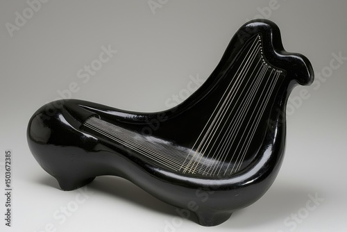 Black sculpted chaise longue with harp-like strings.