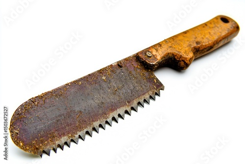 Rusty hand saw with wooden handle.
