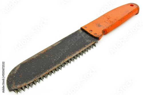 A rusty, orange-handled blade with saw teeth.