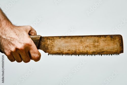 Hand holding a vintage, rusty hand saw.