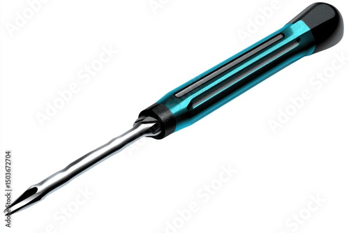 Turquoise and metallic screwdriver in an angled view.